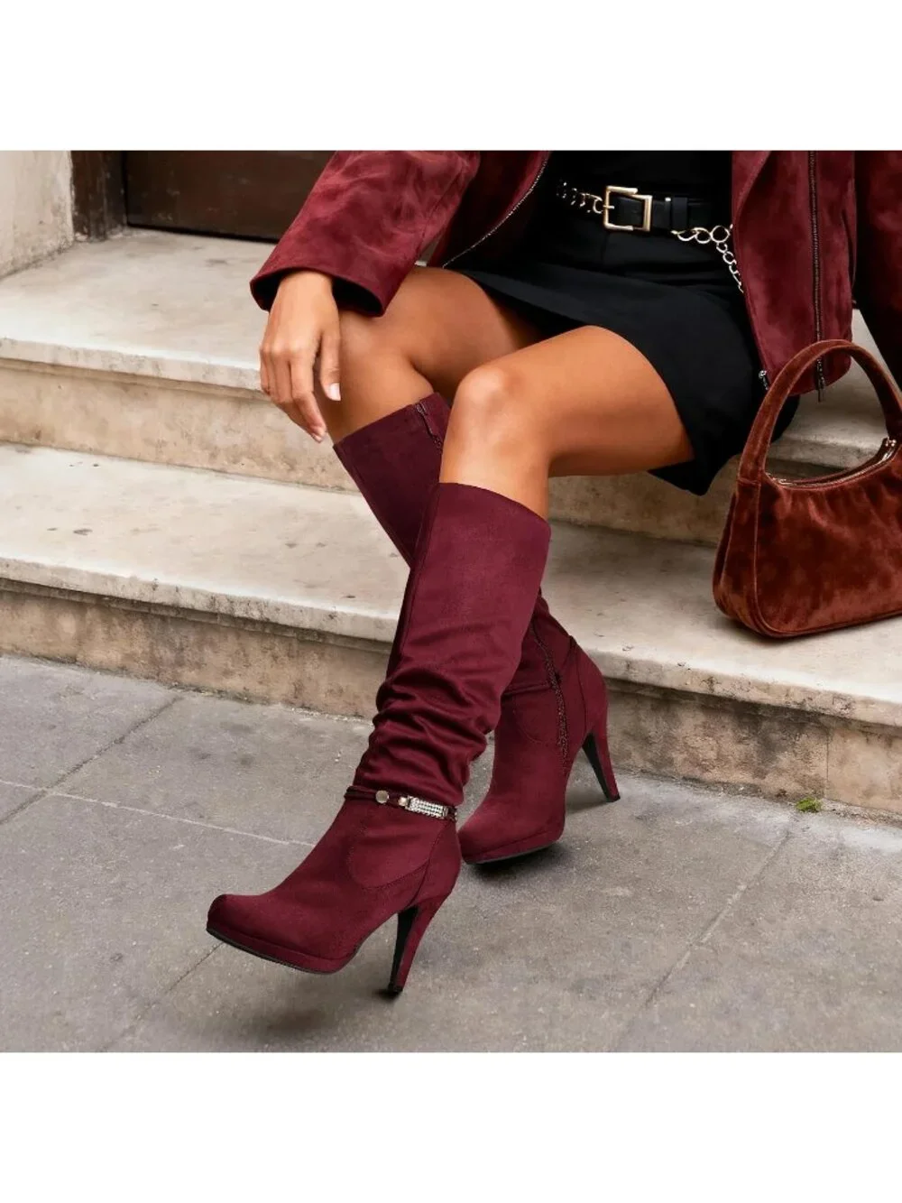 Women's Burgundy Stiletto Heel Rhinestone Chain Side Zipper Knee High Boots